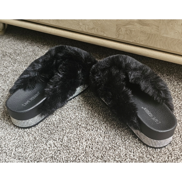 Black Furry Sandals with Rhinestone Accents - Picture 5 of 8